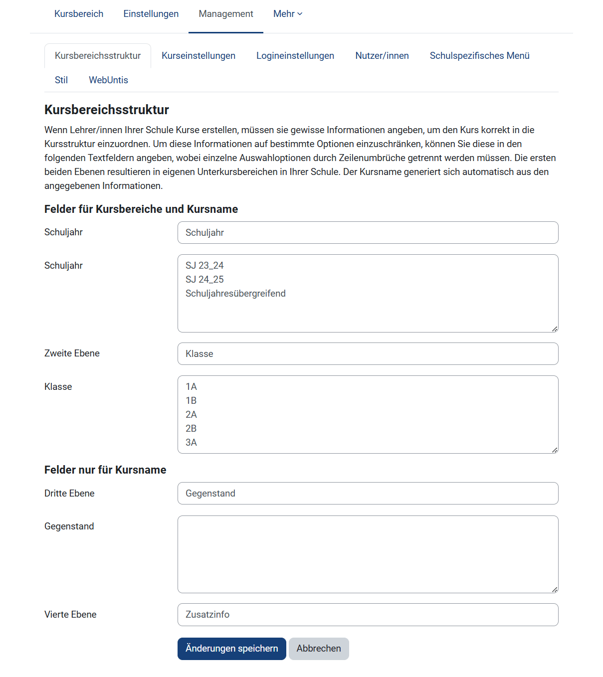 Kursbereichsstruktur festlegen