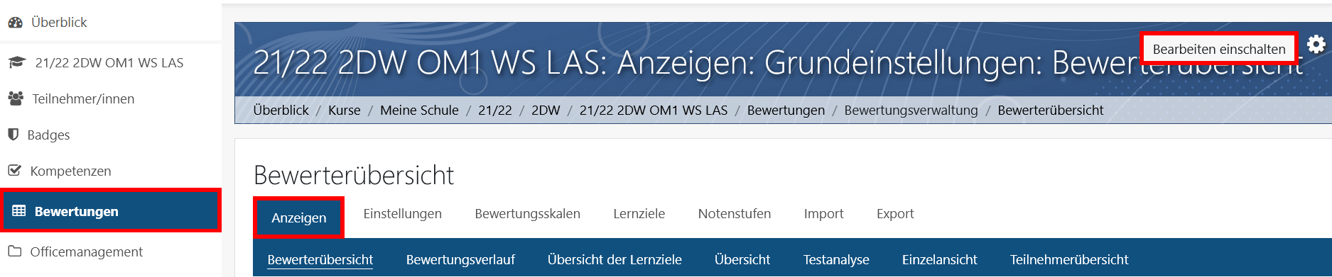 Bewerterübersicht - Bearbeiten einschalten