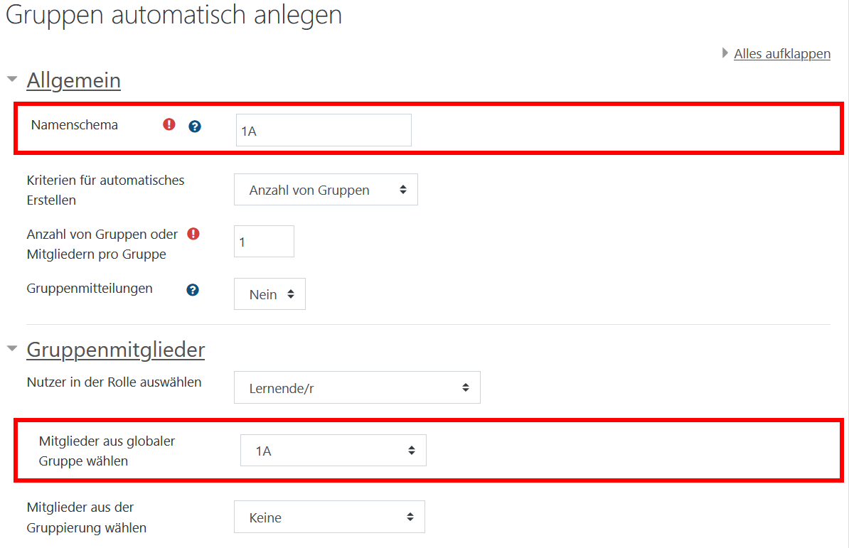 Kursgruppe aus globaler Gruppe