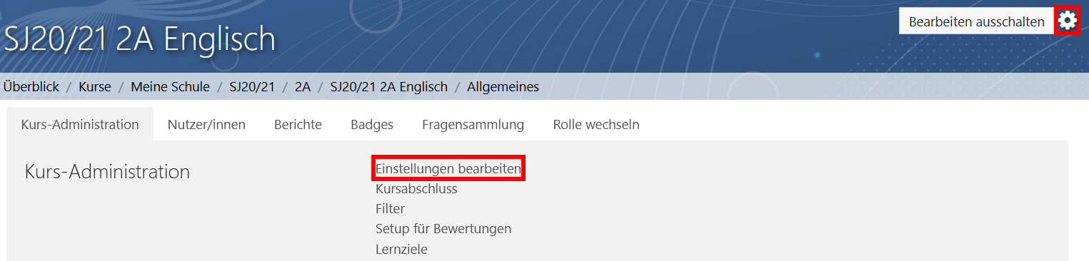 Kurs - Einstellungen bearbeiten