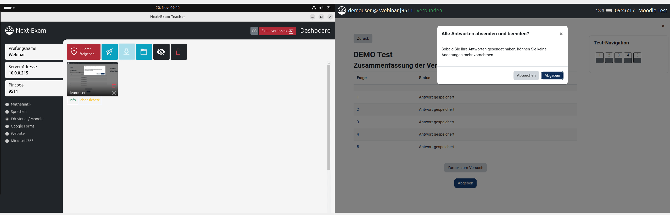 Prüfung seitens Schüler beenden