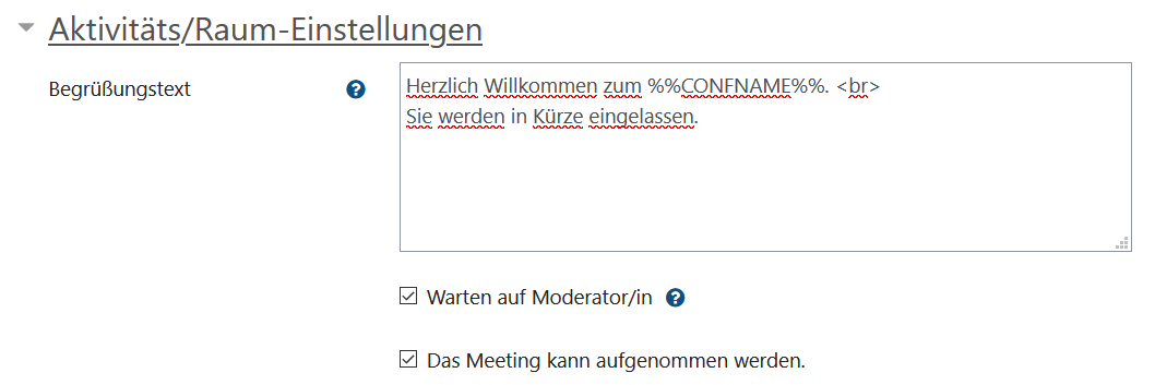 Aktivitäts/Raum-Einstellungen
